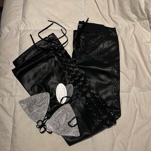 Black Lace Up Leather Pants